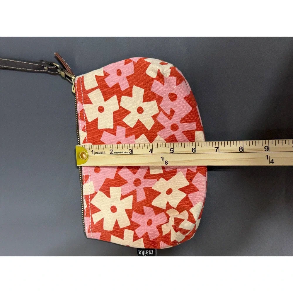 Maika Canvas Wristlet Pouch Red Pink Floral Geometric Zipper Clutch Bag